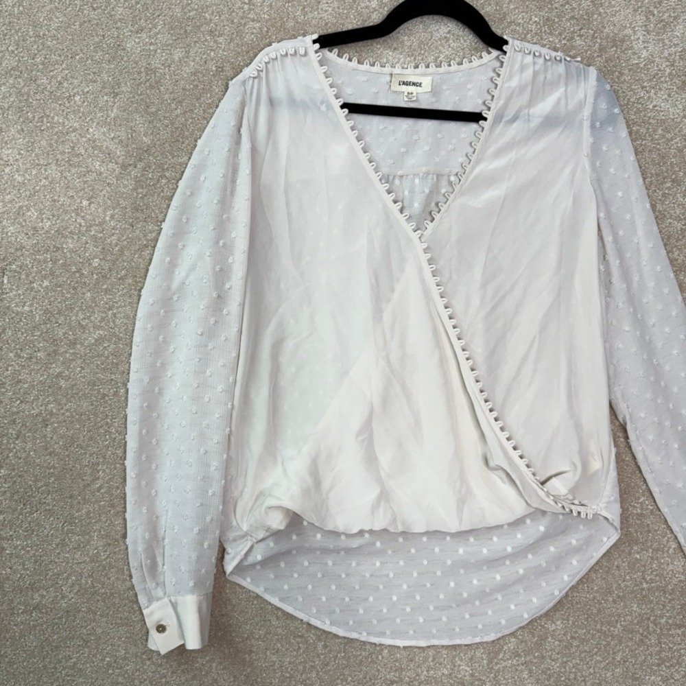 L'AGENCE‎ Perry Blouse Women's Small White Swiss Dot Wrap Top Romantic Chic - Picture 3 of 8